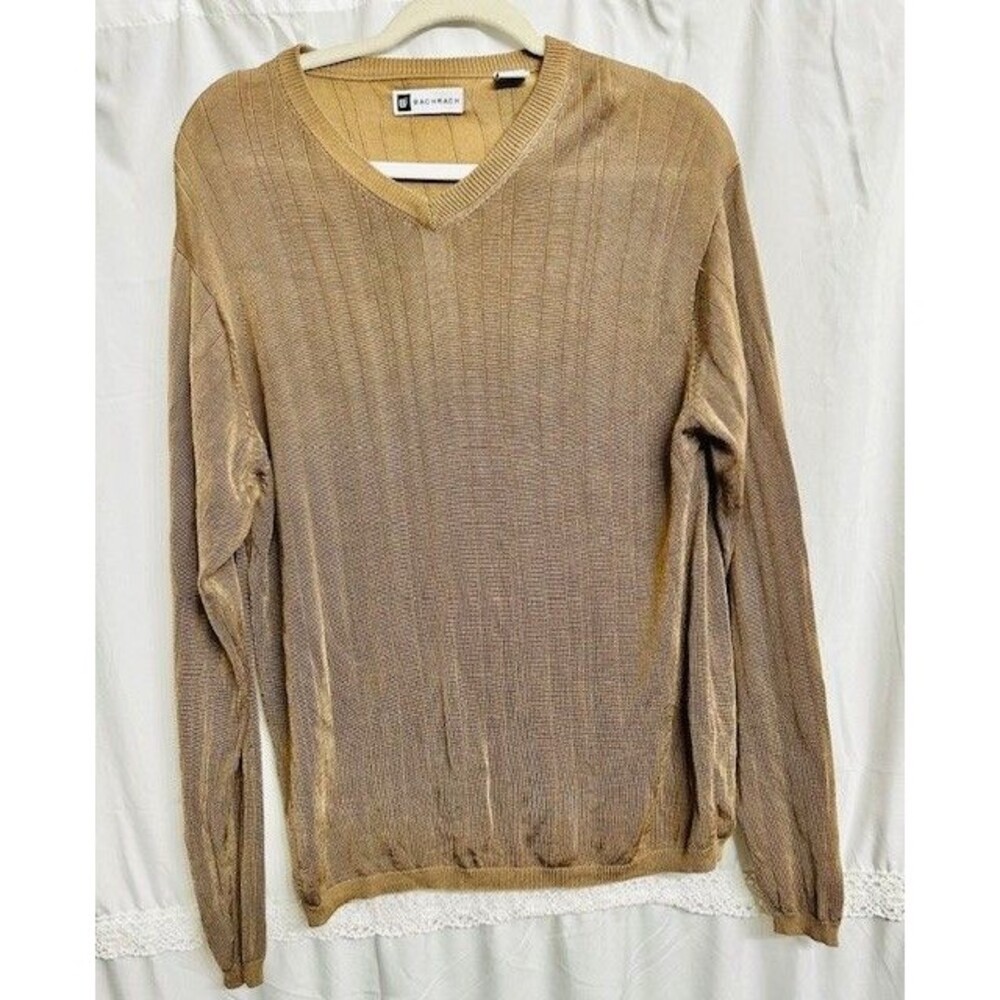 Bachrach Men Rayon Y2K Pull Over Long Sleeves V Neck Dark Gold Mustard Sweater S